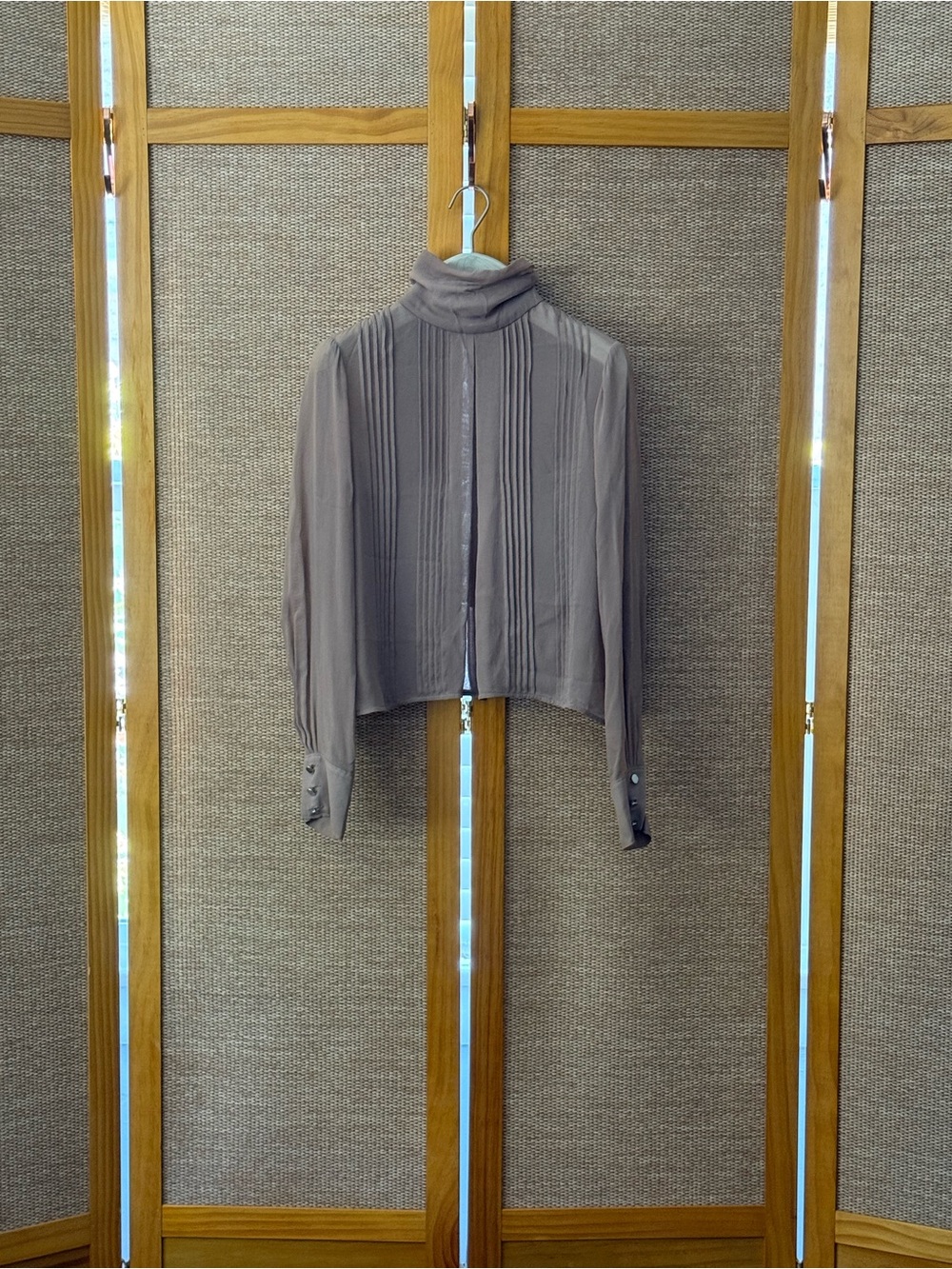 Women's Silk Taupe Turtleneck Pleated Blouse
